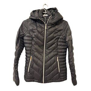 Black Hooded Quilted Lightweight Womens Jacket  Zipper Pockets & Adjustable Fit